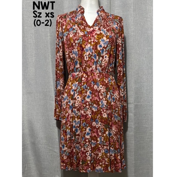 Time and Tru Dresses & Skirts - NWT Time & Tru Dress-Sz XS (0-2)-Long Sleeve Floral-Pinks/Blues/Maroon-V Neck